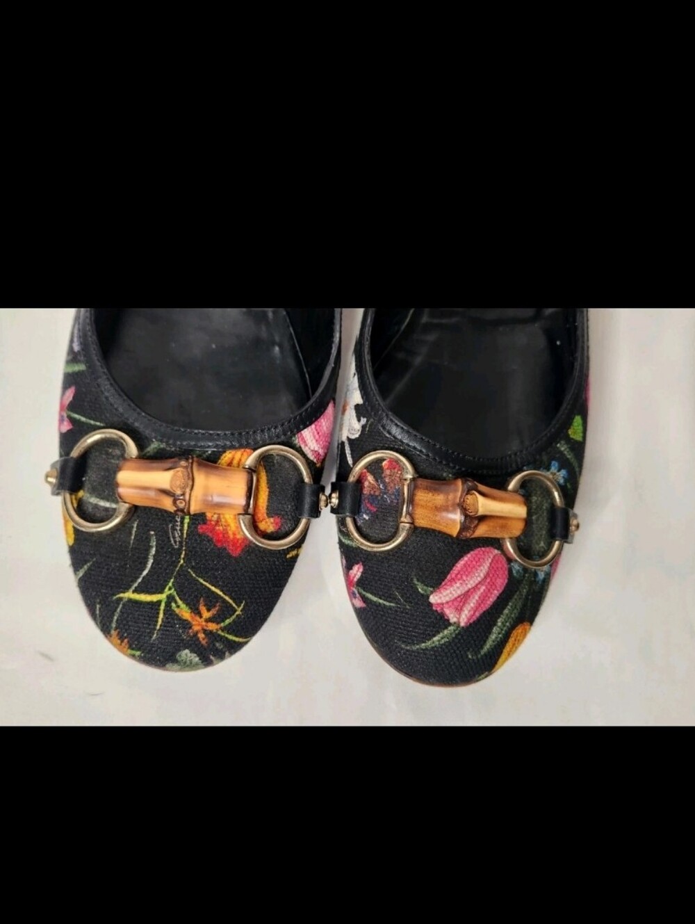Gucci Floral Flats Horse-bit Leather Fabric Black Shoes Bamboo Detail Italy9.5 B - Picture 13 of 15